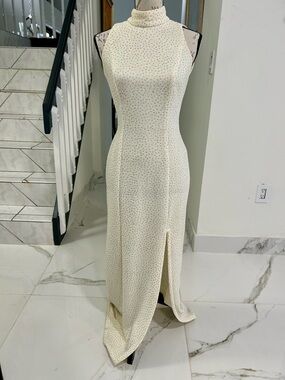 Reggio Sparkles Cream Beige High-Neck Maxi Sleeveless with Front Slit Backless